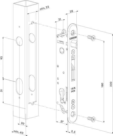 Locinox FORTY inframe Swing Gate Lock 20 MM BACKSET FOR 40 MM - Kit with Recess Keep (2).webp