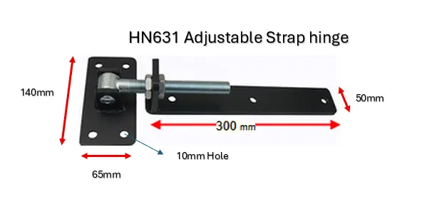 Adjustable Strap Hinge 20mm pin 300mm long in Black -for Timber Gates - 1 hinge only (1).webp