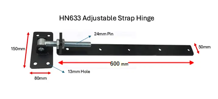 Adjustable Strap Hinge 24mm Pin 600mm long in Black - Ideal for Timber Gates (1 hinge) (1).webp
