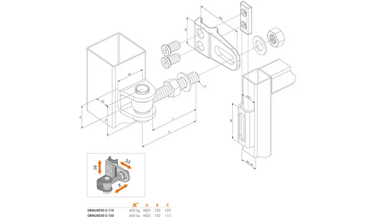 LOCINOX GBMU4D20 Adjustable Swing Gate Hinge long neck 180° weld-on 4D 20mm pin- Pair.webp