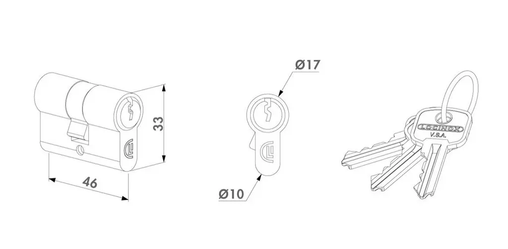 Europrofile cylinder with three keys 46 mm STD key Difference.webp