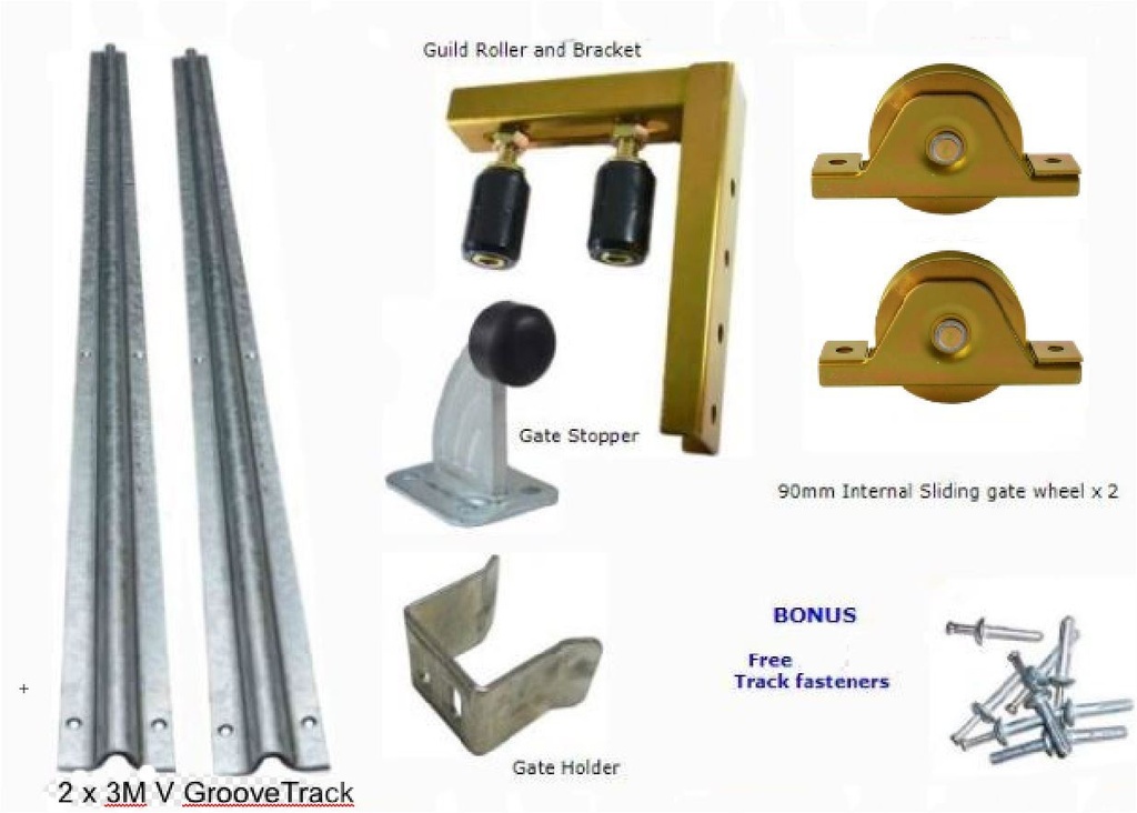 DIY Sliding Gate Complete kit for  V wheels internal 90mm double bearing with 2 x 3M V tracks