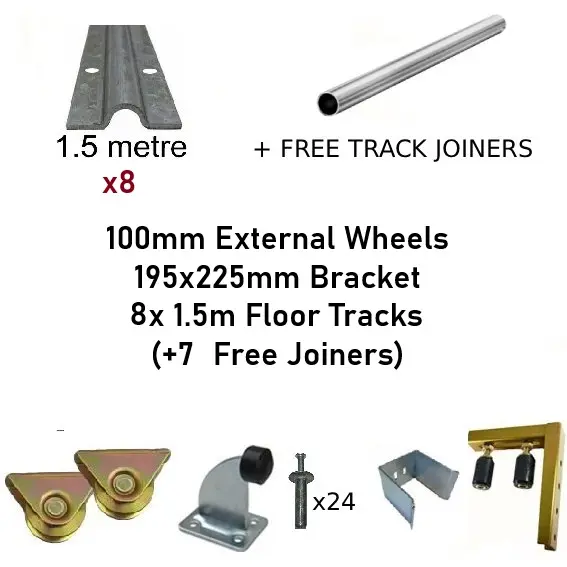 [Kit16_4] DIY Sliding Gate Kit - 100mm External Wheels x Large Bracket x 8 Floor Tracks 1.5m + Free Joiners 