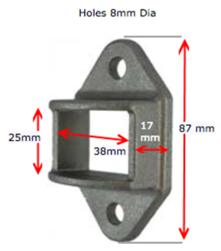 Aluminium Fence Rail Bracket, 38x25mm Wide Tube, Double Lug, 2 Hole