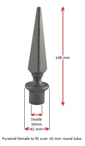 Aluminium Fence Spear: Pyramid Female to fit over 16mm Round Tube
