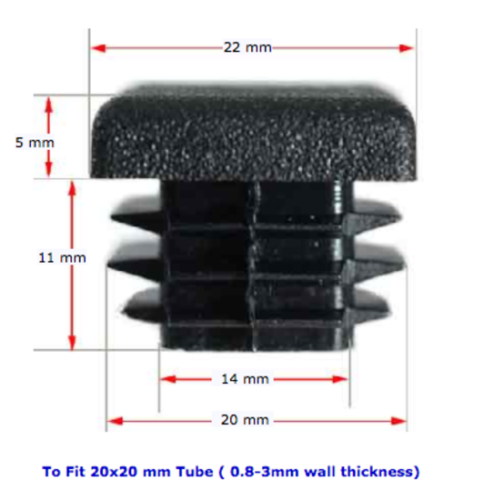 Plastic square cap 22x22mm (1-3.5mm wall thickness)