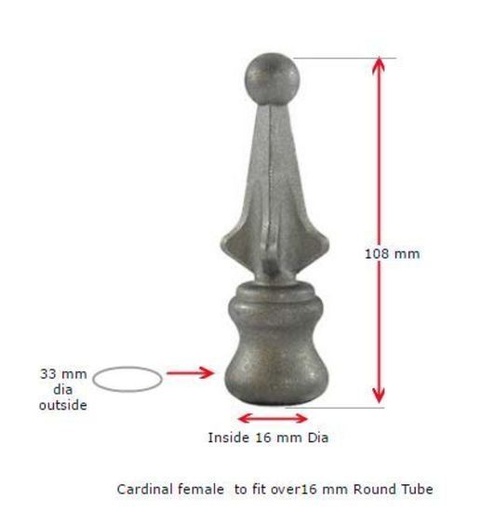 [MS802] Aluminium Fence Spear: Cardinal Female to fit 16mm Round Tube