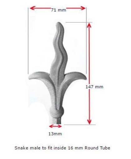 [MS789] Aluminium Fence Spear: Snake Male to fit over 16mm round tube